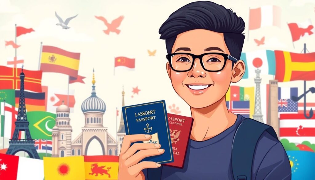 A vibrant illustration of an international student holding a passport and visa documents, surrounded by iconic landmarks from various countries, symbolizing cultural diversity and mobility. The background features a blend of flags from different nations, creating a sense of global connection, with soft, welcoming colors to evoke a feeling of hope and opportunity.