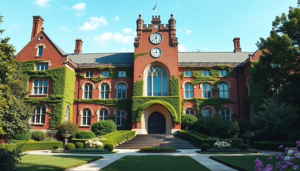 A grand, historic university building with ivy-covered brick walls, large arched windows, and a prominent clock tower, surrounded by lush green gardens and blooming flowers under a clear blue sky, depicting the essence of academic excellence and sophistication.