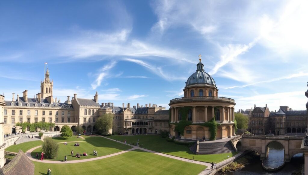 A panoramic view of the University of Oxford showcasing its historic architecture, featuring the iconic Radcliffe Camera, ancient stone buildings with ivy, bustling scholars in traditional robes, lush green lawns, and a serene river flowing nearby, all under a bright blue sky with wispy clouds, capturing the essence of academic legacy and tradition.